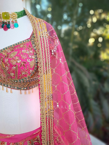 Elvaira Magenta Lehenga Set with Multicolor Patchwork and Sequin Embroidery