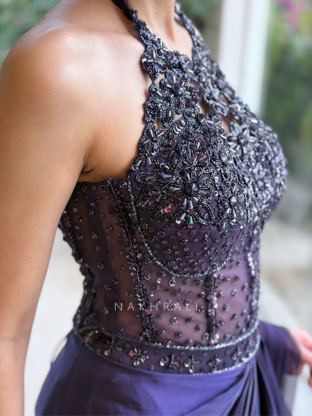 Nightshade Deep Purple Italian Net & Satin Crepe Indo Western Crop Top Drape Skirt Set