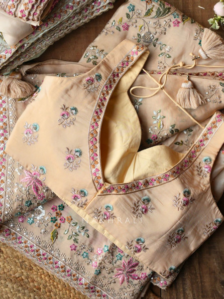 Whispers of Spring Beige Saree with Heavy Floral Thread Work and Readymade Blouse