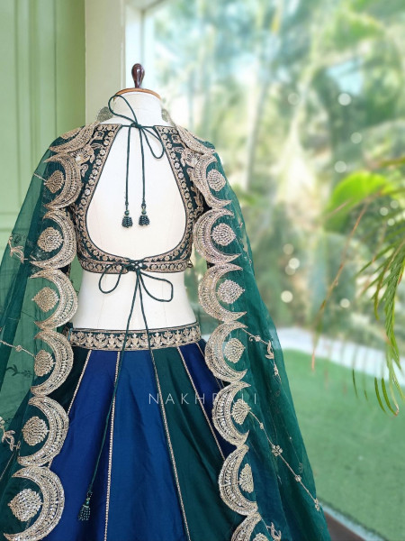 Nishika Navy Blue & Emerald Green Silk Satin Lehenga