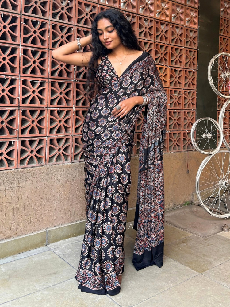 Image of Mandala Black Modal Silk Saree with Running Blouse Piece