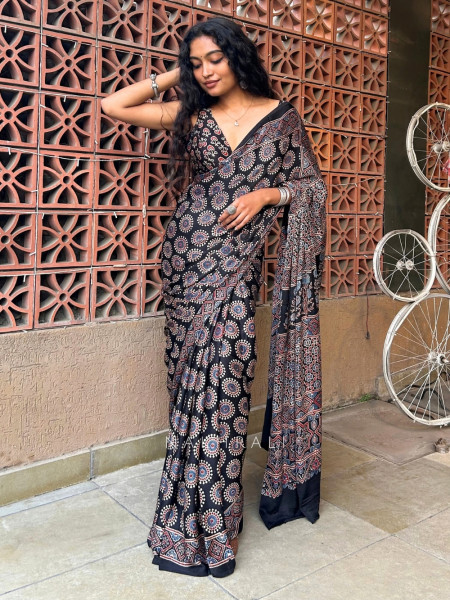 Mandala Black Modal Silk Saree with Running Blouse Piece