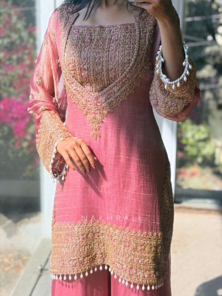Zoya Pink Tissue Suit Set with Zari Work