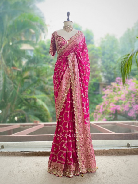 Tarangini Magenta Banarasi Silk Blend Saree with Readymade Blouse