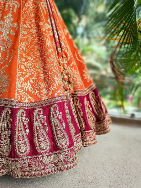 Ishira Orange Embroidered Lehenga with Maroon Blouse