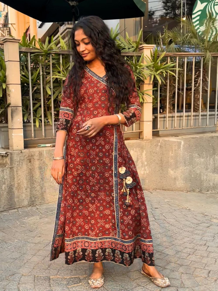 Image of Umrao Red Angrakha Cotton Kurta Pant Set