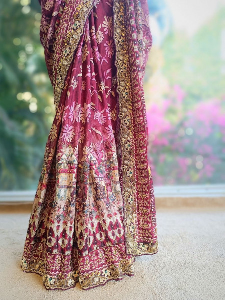 Velora Wine Saree with Zari and Mirror Work