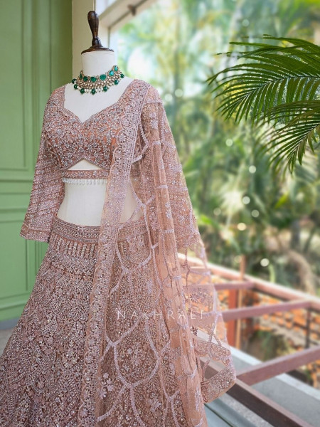 Kireva Peach Sequin Beaded Bridal Lehenga Set