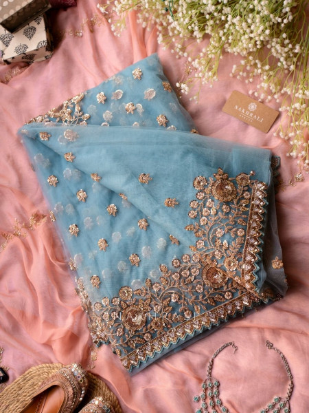 Orchids Blue Net Saree with Sequin, Cut Dana & Beads Work