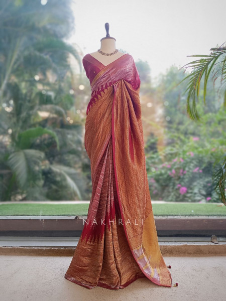 Tarkash Loom Brown Banarasi Chiniya Silk Saree with Ombre Zari Weaving & Temple Border