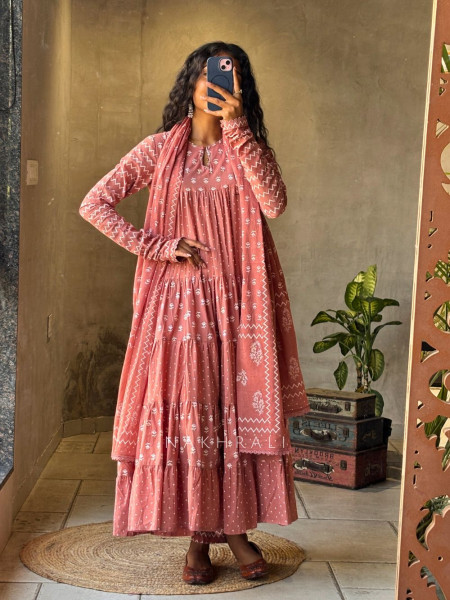 Mireya Peach Cotton Anarkali Suit Set with Printed Design