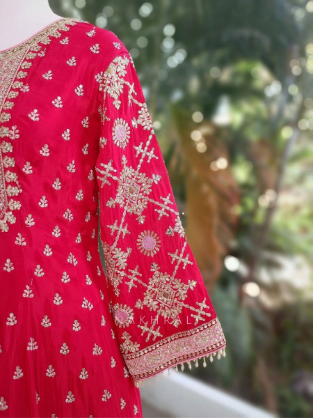 Aarvi Red Anarkali Suit Set with Zari Embroidery and Embellished Dupatta