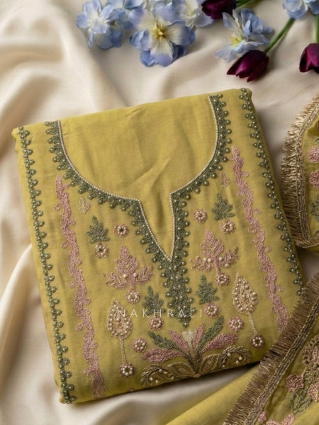 Pushpavalli Parrot Green Dress Material With Floral Embroidery and Pearl Detail