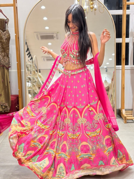 Emerald-Accent magenta Halter Mirror Lehenga