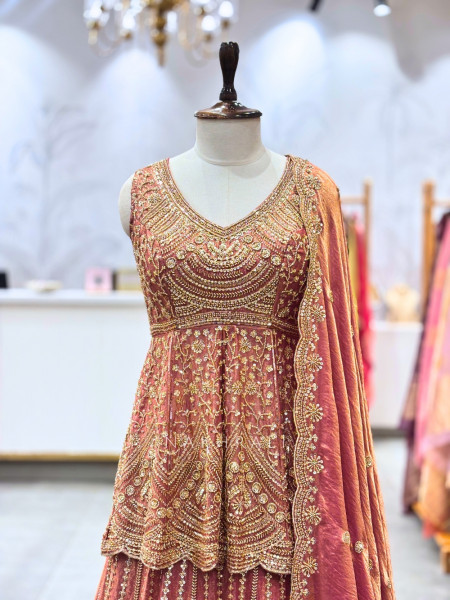 Gilded Petal Pink Tissue Georgette Peplum Lehenga Set