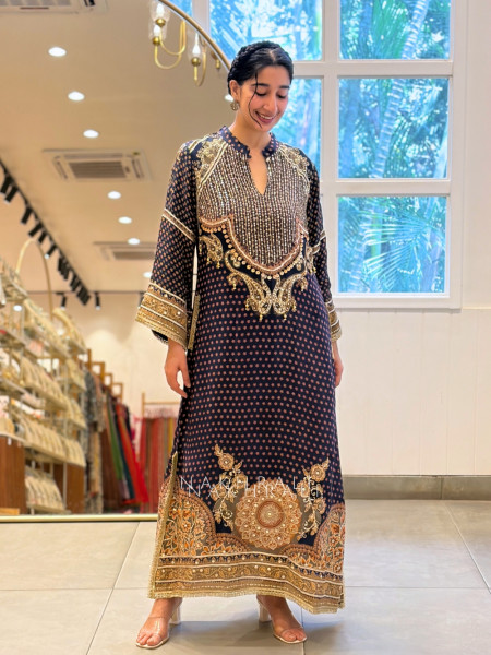 Nirvani Navy Blue Modal Silk Long Suit Set With Sheesha, Sequin & Gota Work