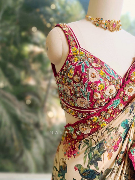 Maroon Crepe Silk Embroidered Saree with Readymade Blouse