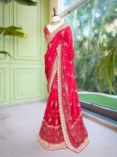 Surahi Red Pure Georgette Crepe Silk Bandhani Saree with Gota Patti Zardozi Border