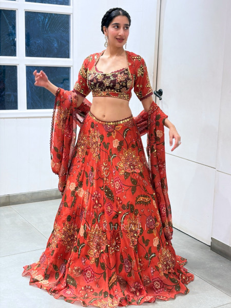 Aranya Red Red Chinon Silk Floral Printed Lehenga Set with Zardozi & Resham Work