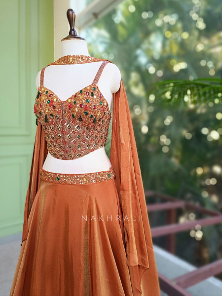 Ravaeya Rust Corset Indo-Western Lehenga Set with Sequin Work