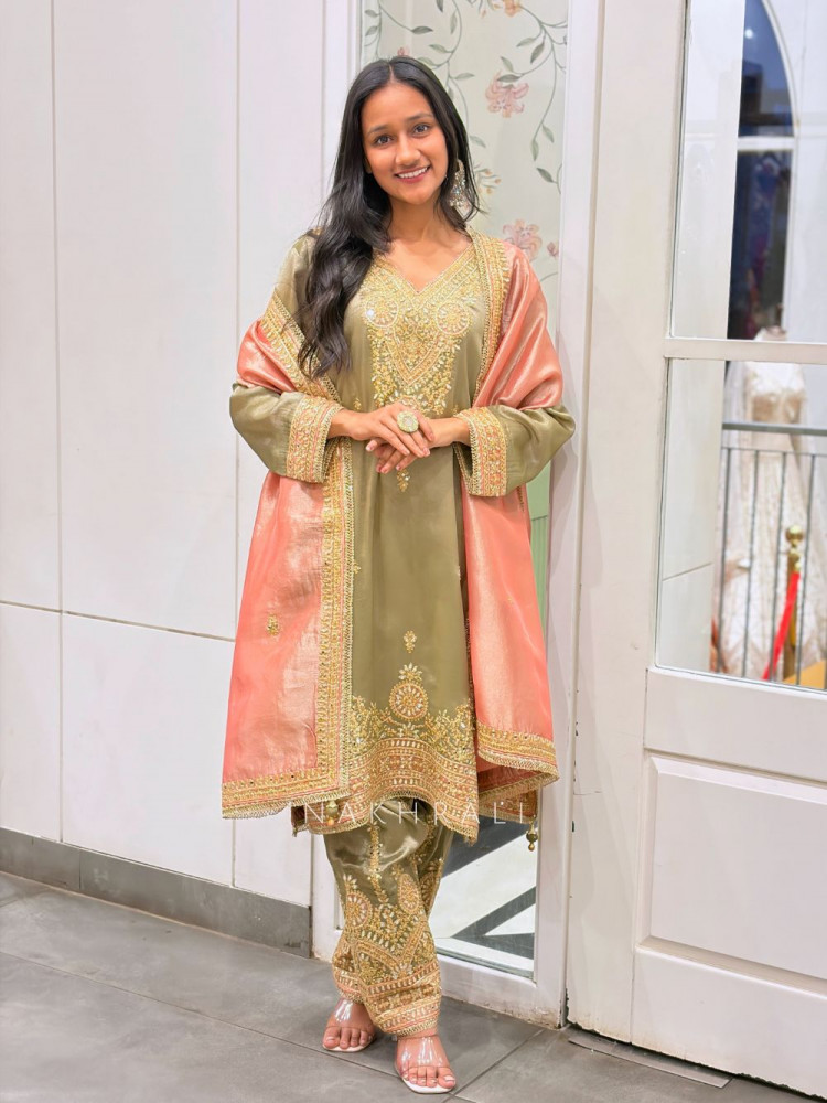 Image of Zaynah Olive Green Suit Set with Zari Sequin Work