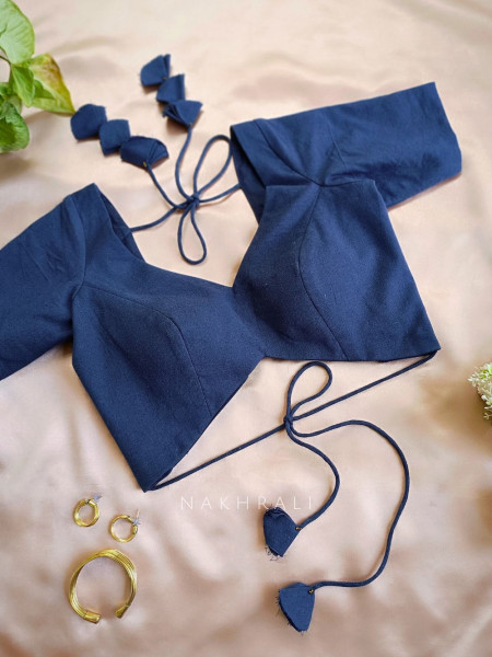 Rhea Blue Cotton V-Cut Blouse with Tie-Back