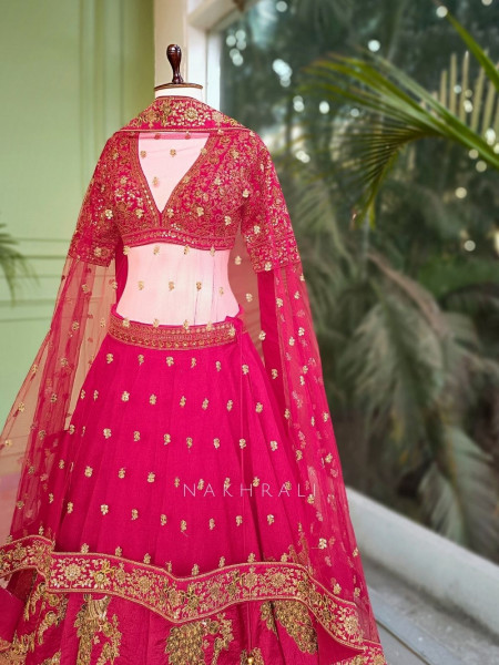 Viraasat Red Silk Bridal Lehenga with Zari Embroidery