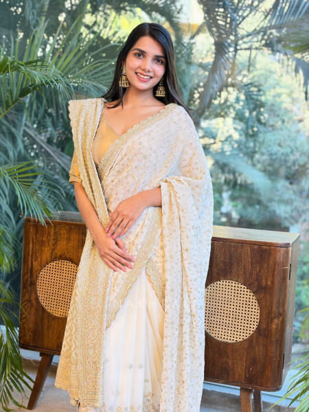 Chahat Cream Two-Piece Saree Set with Dupatta