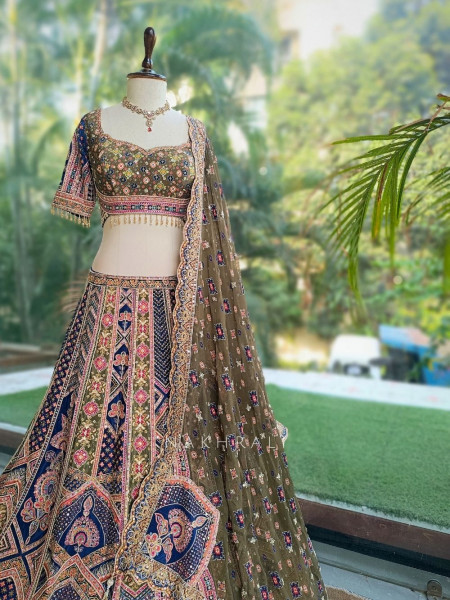Malika Navy Blue & Green Modal Silk & Gaji Silk Lehenga