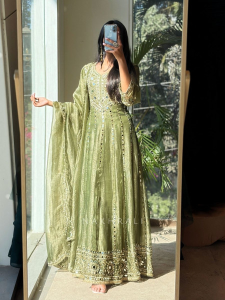 Evara Green Tissue Anarkali Suit Set with Mirror and Gota Work