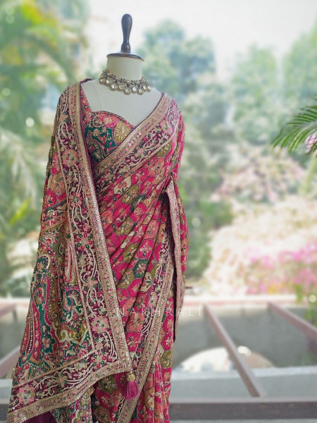 Ravina Bottle Green Printed Saree with Sequin Embroidery