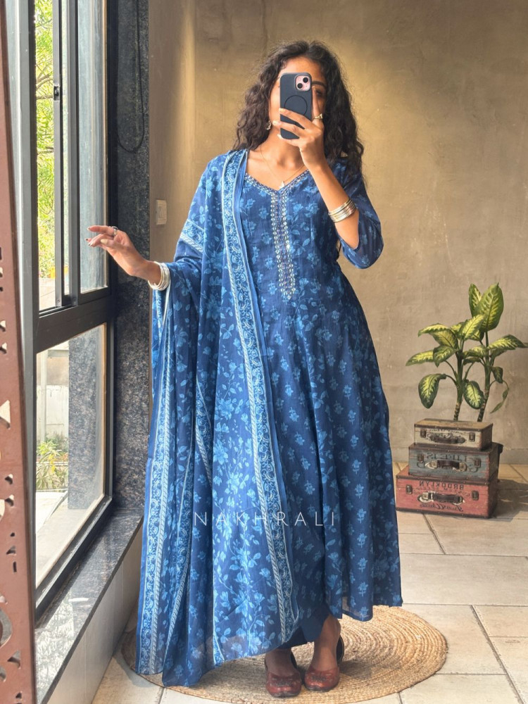 Image of Ruhani Blue Cotton Anarkali Set with Dupatta