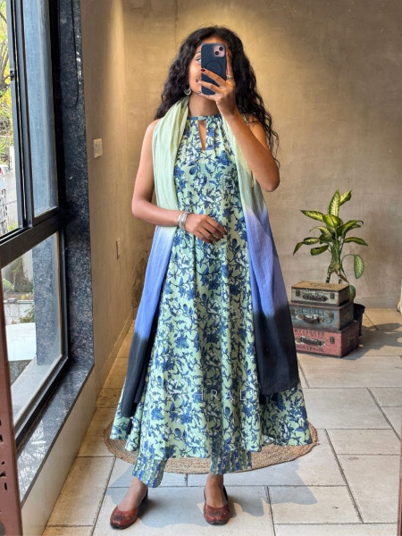 Verona Green Cotton Printed Suit Set with Ombre Dupatta