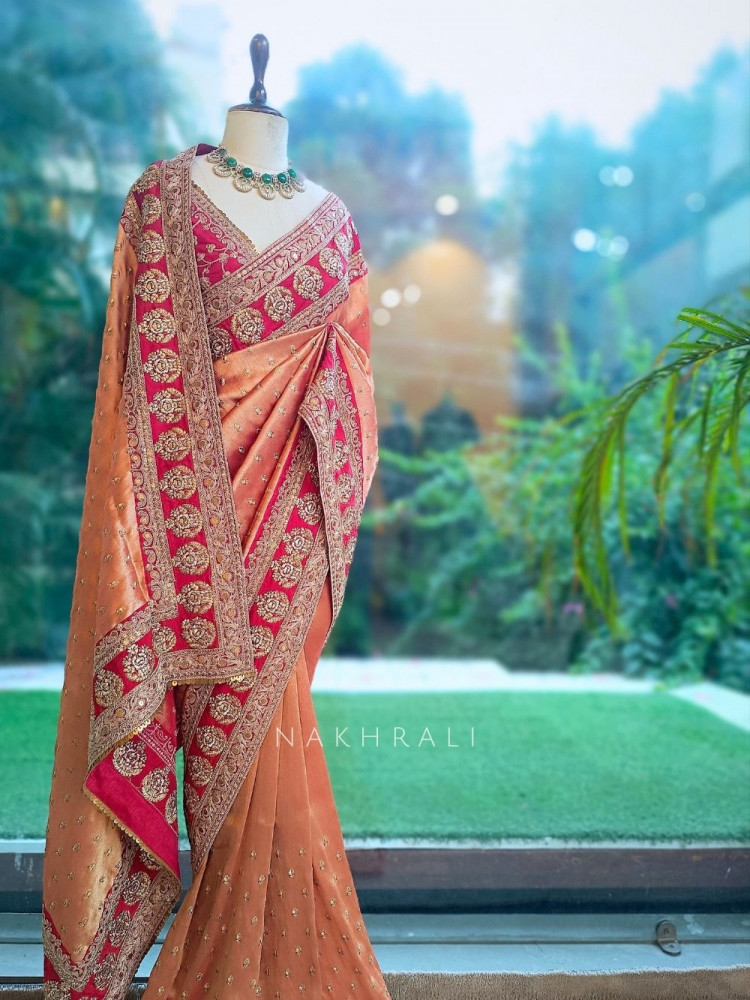 Image of Crimson Gilded Silk Ensemble Orange Saree