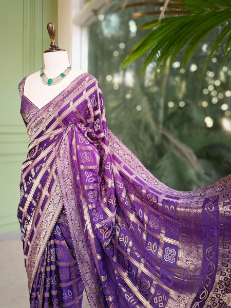 Rangriti Purple Bandhani Saree with Gota Border
