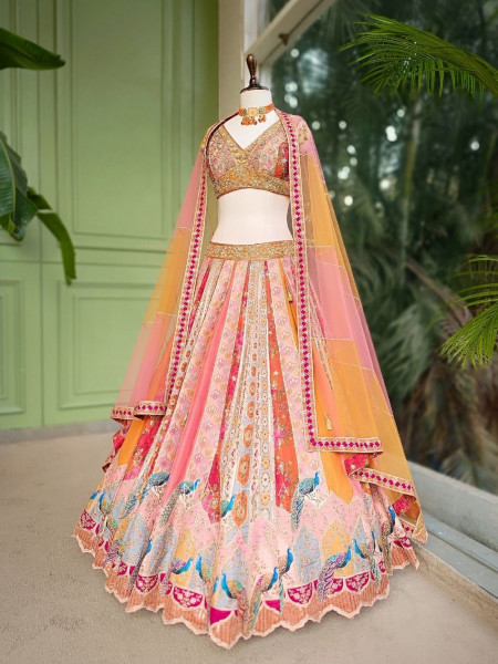 Mayra Orange Silk Lehenga with Peacock Motif Work