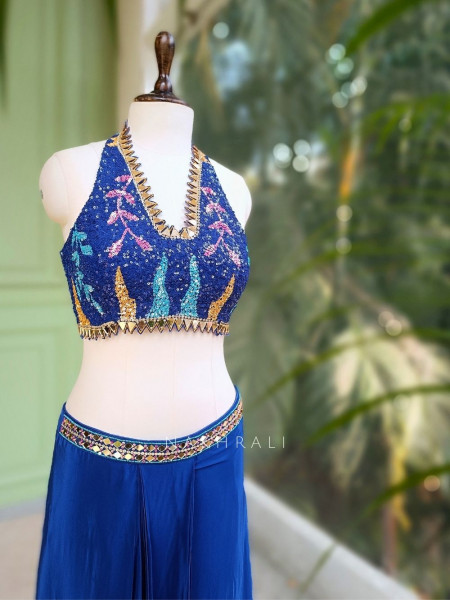 Willow Blue Halter Indo-Western Set with Cape Shrug