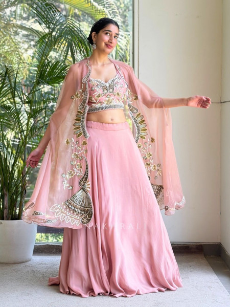 Avelyn Pink Indo-Western Lehenga Set with Embroidered Cape