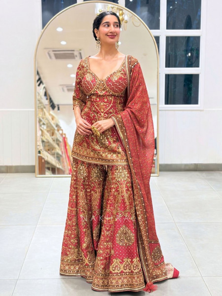Sargam Red Suit Set Printed Embroidery & Sequin Work