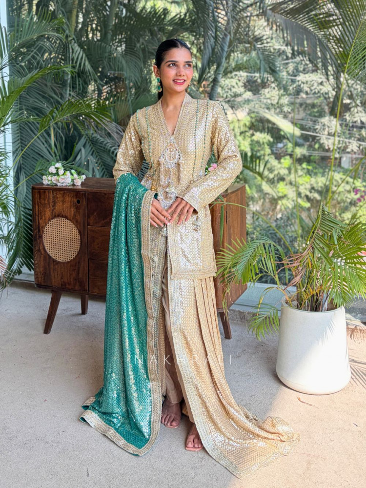 Image of Noorveen Yellow Sequin Dhoti &amp; Kurta Set with Contrast Dupatta