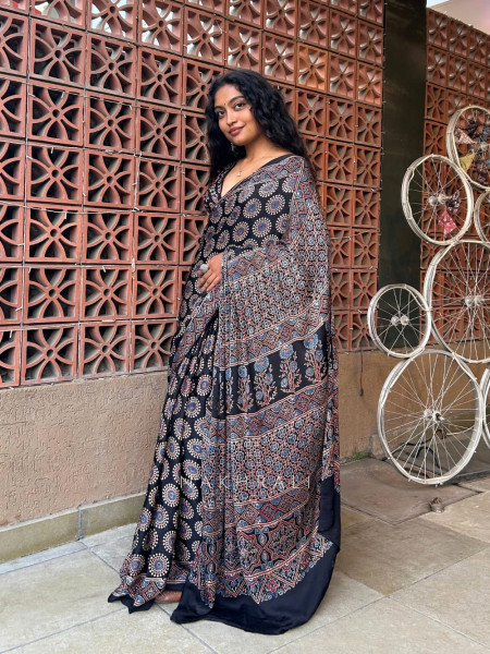 Mandala Black Modal Silk Saree with Running Blouse Piece