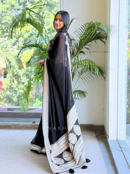 Vinamr Black Saree with Readymade Blouse – Embroidery & Sequin Work
