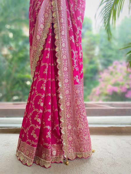 Tarangini Magenta Banarasi Silk Blend Saree with Readymade Blouse