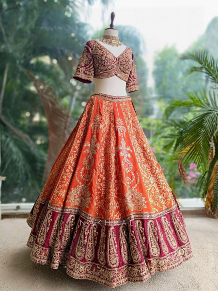 Ishira Orange Embroidered Lehenga with Maroon Blouse
