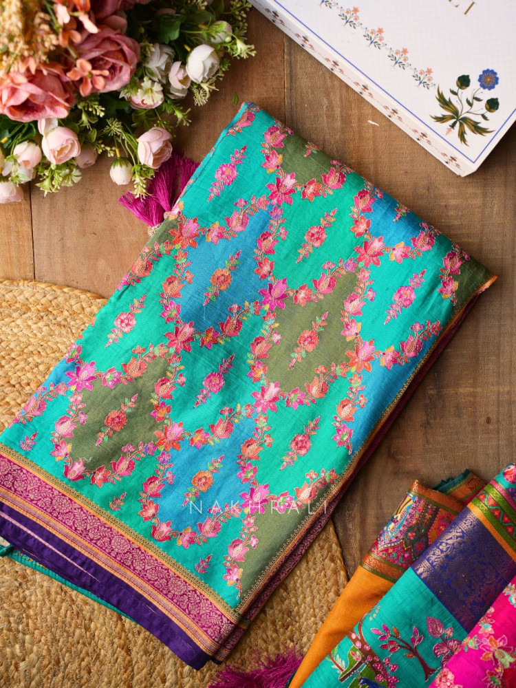 Image of Sarovar Blue Woven Motif Saree with Traditional Border