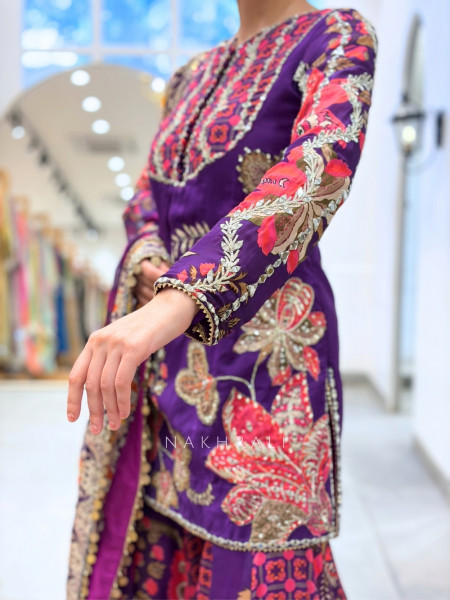 Guzarish Purple Silk Sharara Suit Set with Floral Zardozi & Mirror Work