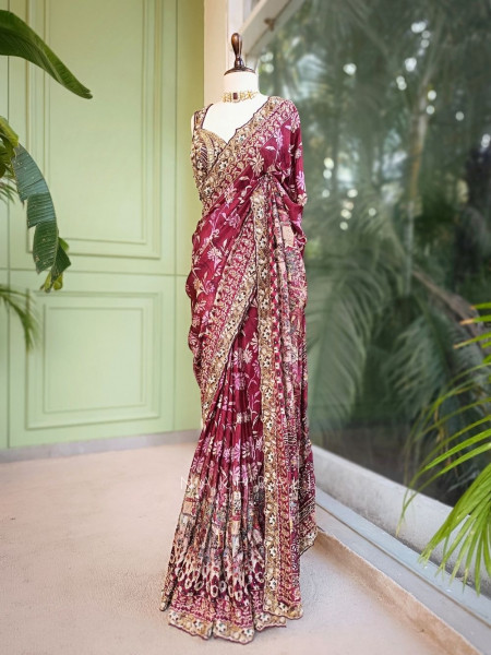 Velora Wine Saree with Zari and Mirror Work