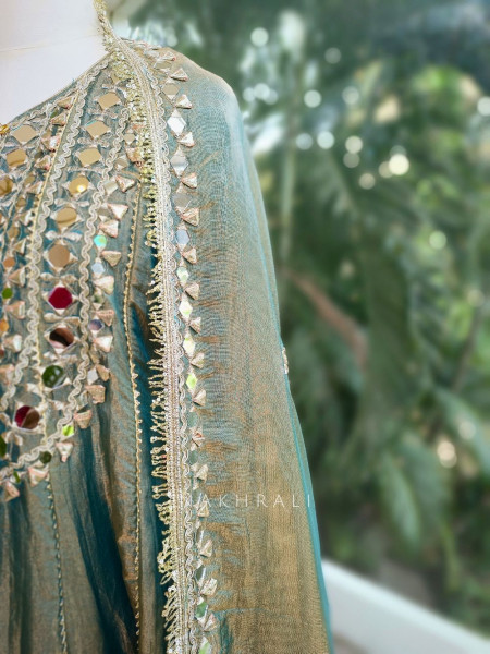 Amaya Teal Green Tissue Dhoti Kurta Set with Mirror and Gota Patti Work