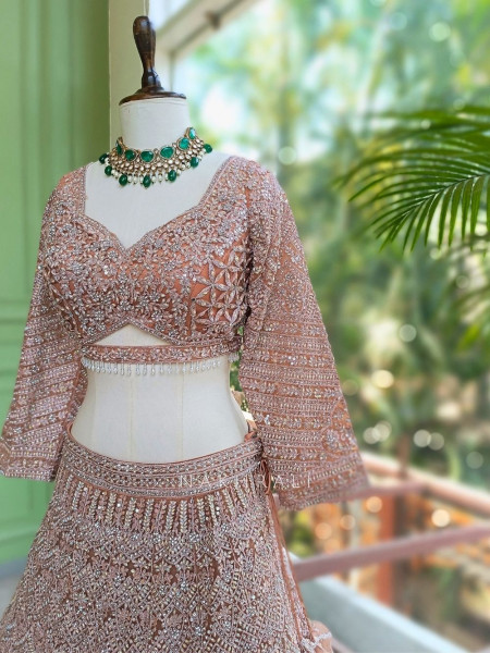 Kireva Peach Sequin Beaded Bridal Lehenga Set