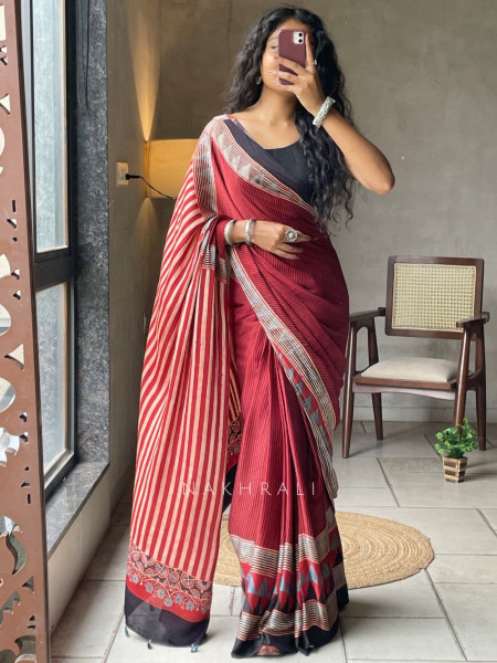 Dhani Red Modal Silk Saree With Ajrakh Print